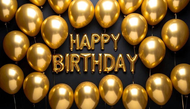 Gold 'Happy Birthday' balloon letters amidst shiny golden inflated balloons, on a black backdrop, conveying celebration - Powered by Adobe