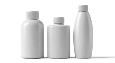 Three white plastic bottles with ribbed caps on a white background container product