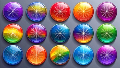 Fifteen glossy, colorful buttons, each with a white spiderweb design, arranged against a gray backdrop