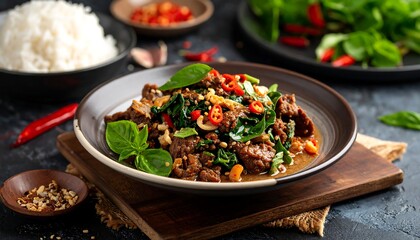 Delicious-looking plate of Asian stir-fry with beef, vegetables and chili peppers, with rice on the side