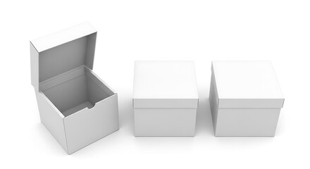 Three white square boxes one open on white background closed