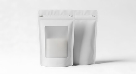 Two white stand up pouches one with clear window on white background packaging