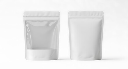 Two white stand up pouches one clear window one solid on white background packaging