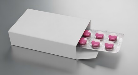 White box with pink and white round pills in silver blister pack medicine pharmaceutical