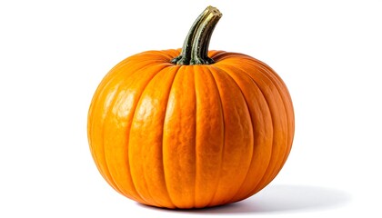 A round, orange pumpkin with vertical ridges and a textured stem sits on a white surface, casting a soft shadow