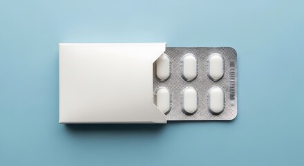 White oval pills in silver blister pack partially covered by white box on blue background medicine health