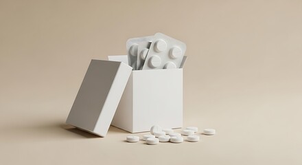 White pill blister packs and loose tablets spilling from an open box medicine pills