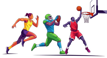 Dynamic athletes in action showcase peak performance in running football and basketball for ultimate sports inspiration
