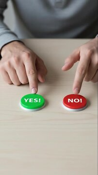 Hand pressing green yes and red no buttons to make a choice. A person facing a dilemma and making a decision. Feedback and voting concept in a vertical video
