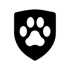 Black shield containing a white animal paw print isolated on white backdrop