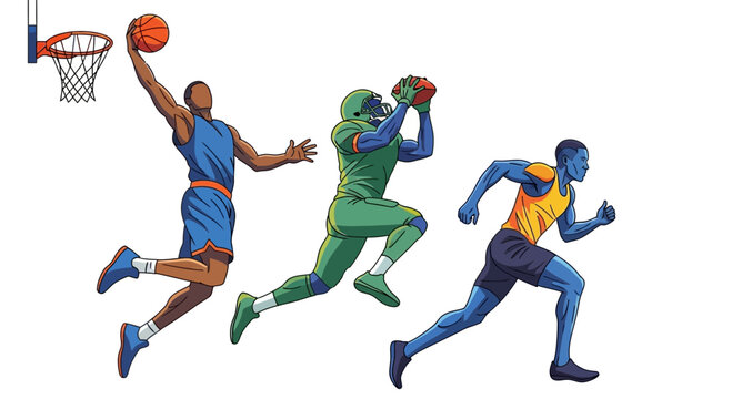 Dynamic athletes in action basketball football and running convey energy and athletic achievement for sports promotions