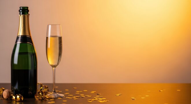 Elegant champagne celebration with golden confetti and warm background light