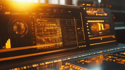 Futuristic control panel displaying digital data interface - Powered by Adobe