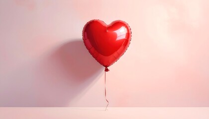 Red heart balloon floats against soft pink wall, casting a shadow on the light floor