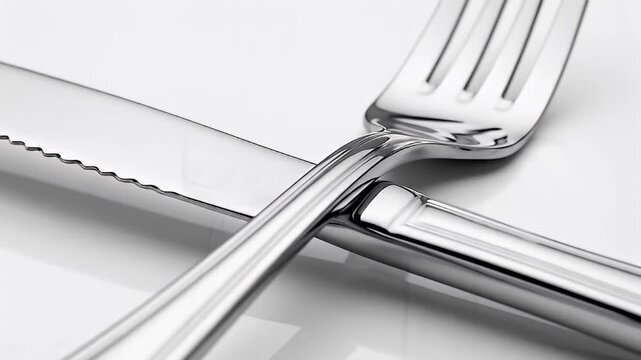 This sophisticated video showcases a close-up of gleaming metallic dining utensils, featuring a sleek fork and a serrated knife. The polished silverware is elegantly presented on a pristine white back