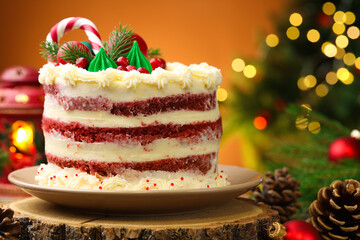 Tasty cake with Christmas decor on wood against blurred lights, closeup