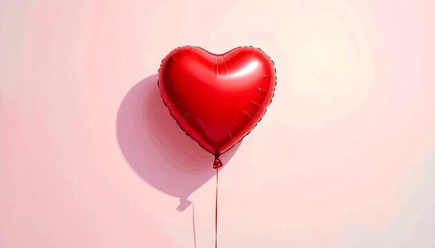 Shiny red heart-shaped balloon floats against a soft pink backdrop, casting a delicate shadow below