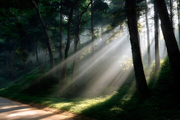Obraz premium Beautiful forest landscape with sun rays shining through trees nature photography scenic view light beams