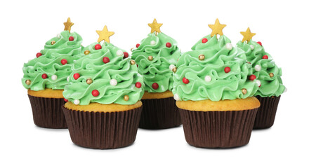 Christmas tree shaped cupcakes isolated on white