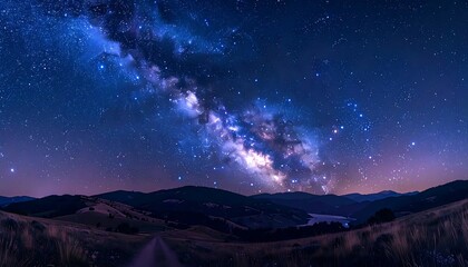 Starry sky over rolling hills, illuminated by the Milky Way on a clear night