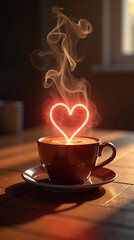 A cup of coffee with a glowing heart and steam on a wooden table