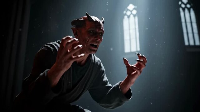 A suffering demon with horns kneeling in a dark church. The evil creature looks up in anguish towards a beam of divine light. Good vs evil and redemption concept