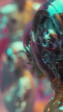 Vertical video: Camera panning over row of three helmeted robots in hall, revealing grinning units