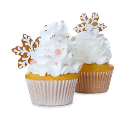 Tasty cupcakes with Christmas decor isolated on white