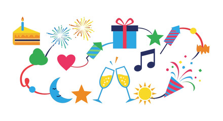 Celebrate moments with vibrant party icons including cake, fireworks, gifts, and champagne toasts for joyous occasions