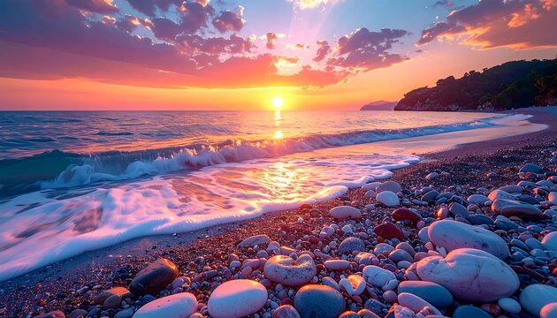 A vibrant sunset paints the sky above a rocky beach, with waves gently lapping the shore in warm, colorful hues