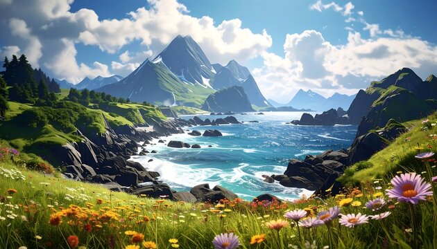 Vibrant meadow overlooks ocean waves crashing against rocky coast with mountains in the distance under cloudy blue sky