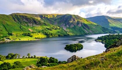 Serene lake surrounded by verdant hills, under a partly cloudy sky, reflecting light on the water's surface