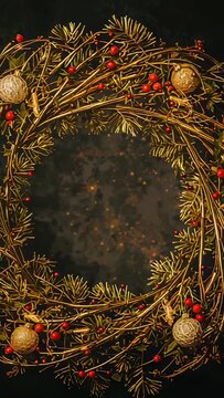 Vertical video: Starting wreath rotation showcasing pine berries and ornaments on ember backdrop