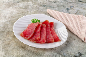 Raw red tuna sashimi slices