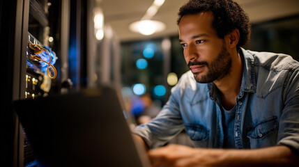 Faceless programmer entering server room using AI defocused infrastructure diagnostics background IT admin in data center performance data analysis artificial intelligence tech