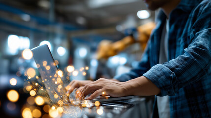 Industry 4.0 network connection concept faceless manufacturing engineer working defocused laptop with graphical smart factory background automation robotics analytics cyber