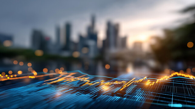 Futuristic digital dashboard with glowing stock market graphs faceless finance technology defocused blurred city skyline background advanced data analytics trading platform