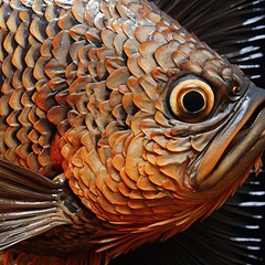 Detailed Close-Up of a Fish Sculpture with Intricate Scales and Textural Details, Aquatic Art.