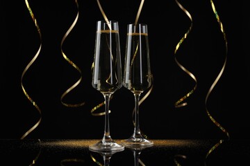 Happy New Year. Sparkling wine in flute glasses and serpentine streamers on black background