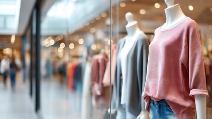 This bustling shopping center offers a vibrant showcase of women's fashion, featuring mannequins dressed in the latest styles