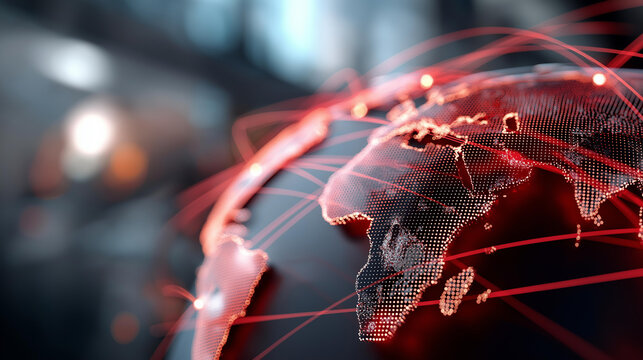 Digital world map highlighted with red data lines faceless global trends visualization defocused tech themed environment background analytics representation international