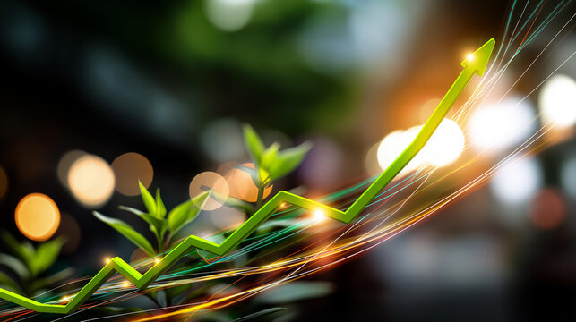 Dynamic glowing green stock market graph ascending faceless financial growth visualization defocused bokeh lights background positive economic trends investment success