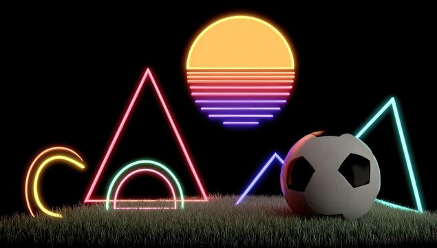Soccer ball on grass with neon geometric shapes and a retro sunset against black