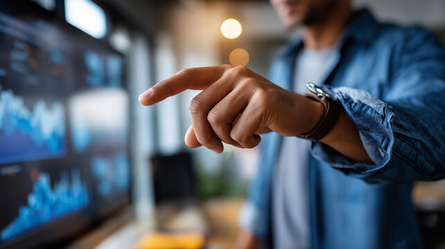 Faceless man pointing at screen with graphs in modern office defocused presentation background presenting annual report business analytics meeting financial review performance