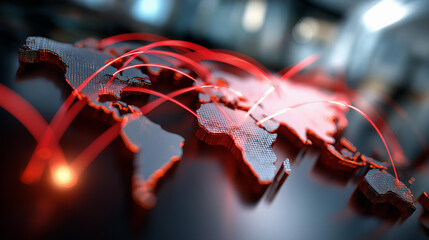 Digital world map highlighted with red data lines faceless global trends visualization defocused tech themed environment background analytics representation international