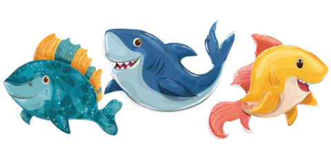 Playful Sharks and Fish Vector Graphic on Transparent Background
