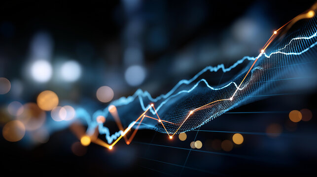 Abstract digital stock market chart with glowing blue lines faceless financial visualization defocused bokeh effects background representing growth analysis investment trends