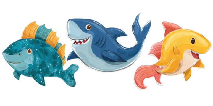 Playful Sharks and Fish Vector Graphic on Transparent Background