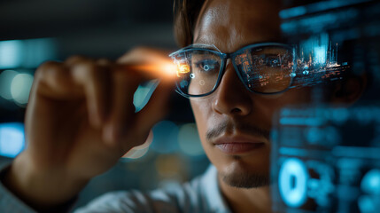 Faceless holographic programmer Asian man with focus defocused night background futuristic cyber security interface analytics dashboard software update display data analysis