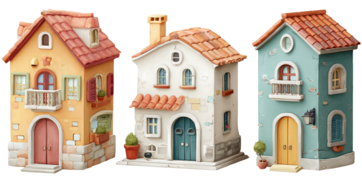 Illustration of Three Various Hand-Painted Houses Isolated on Transparent Background